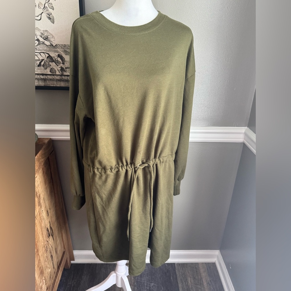 Women Solid Long Sleeve Shirt Dress Fall‎ Casual Round Neck Drawstring Dress L
